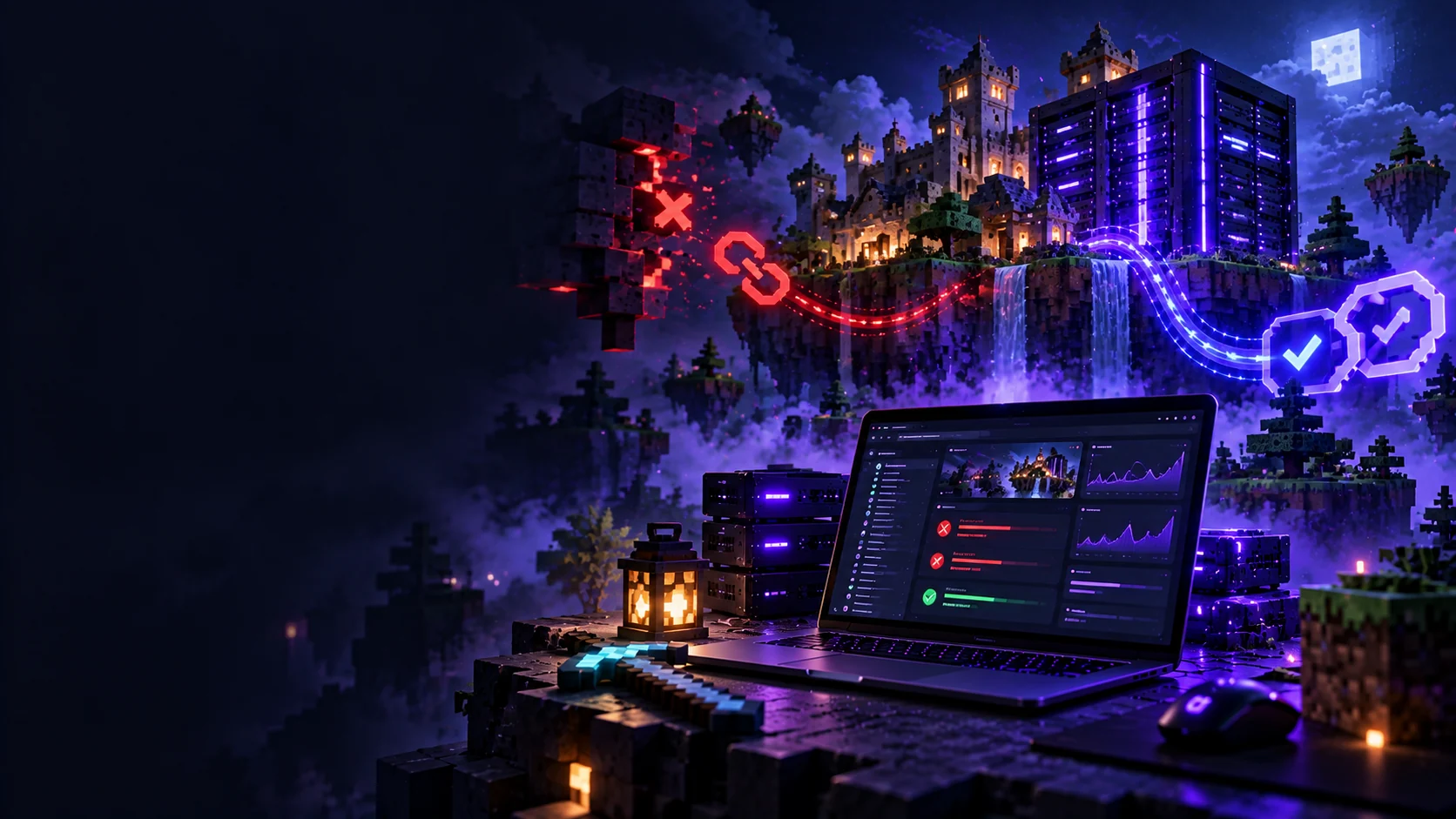 A voxel server island with a failed red link and a repaired violet connection