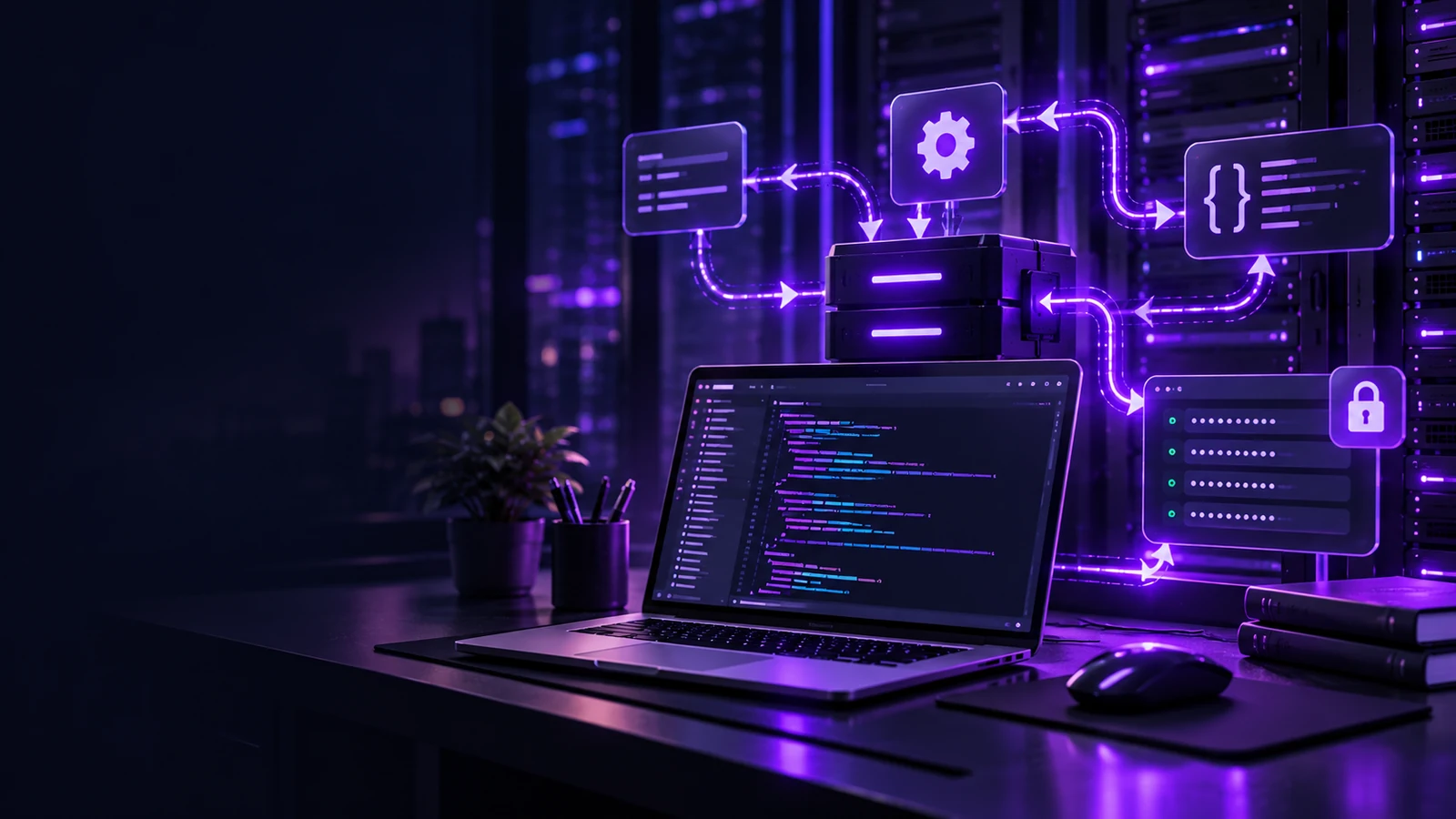 An original purple and navy Volyx illustration of a Node.js API, servers and protected configuration