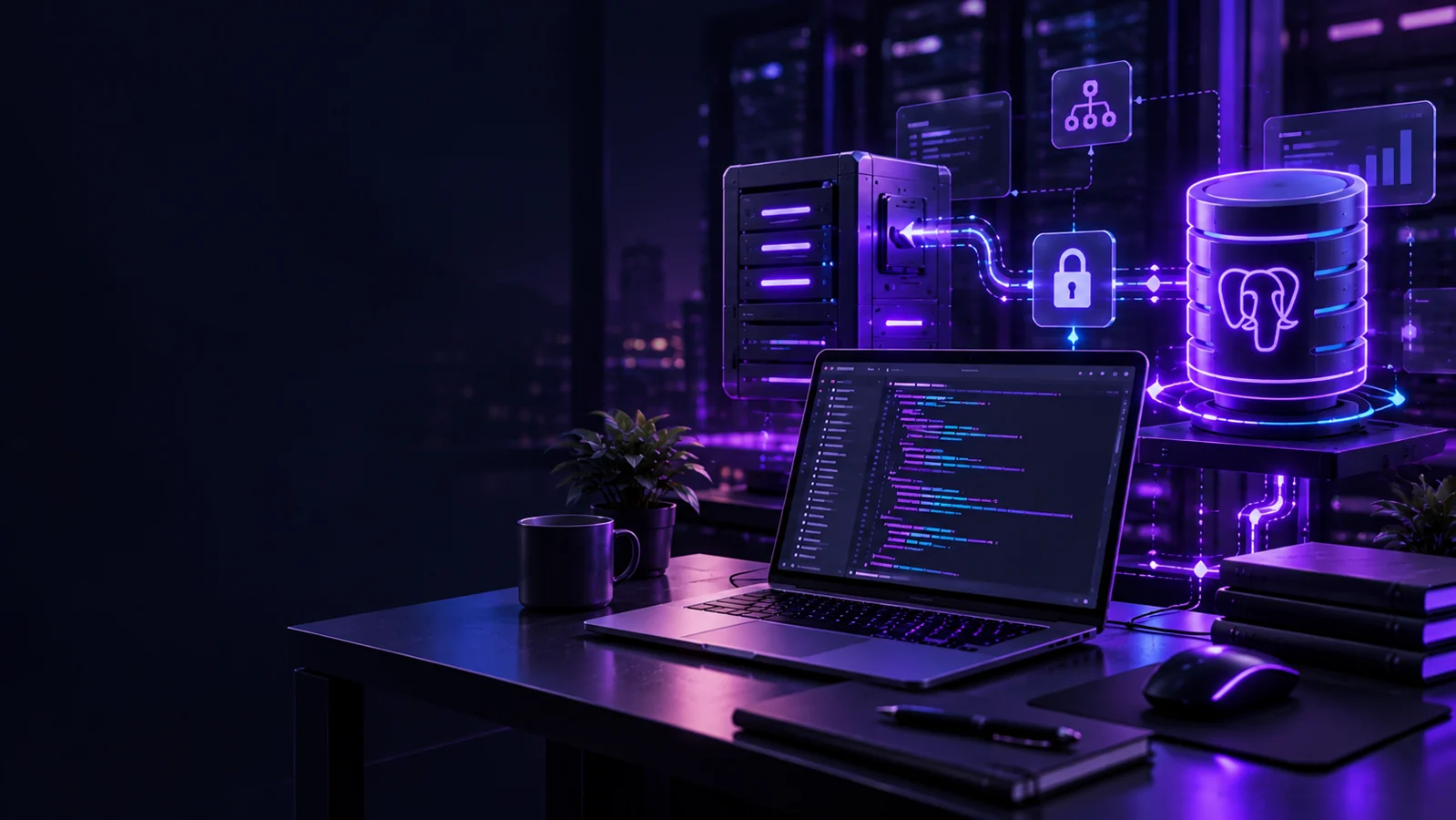 Original Volyx purple and navy workstation artwork showing Node.js connecting to a PostgreSQL database