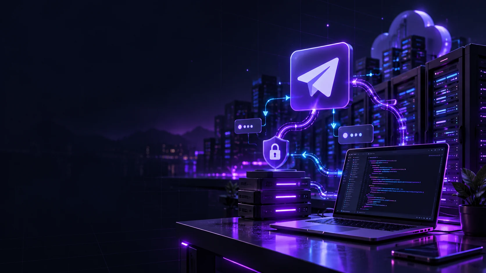 Original Volyx illustration showing a Telegram webhook endpoint connected to a server