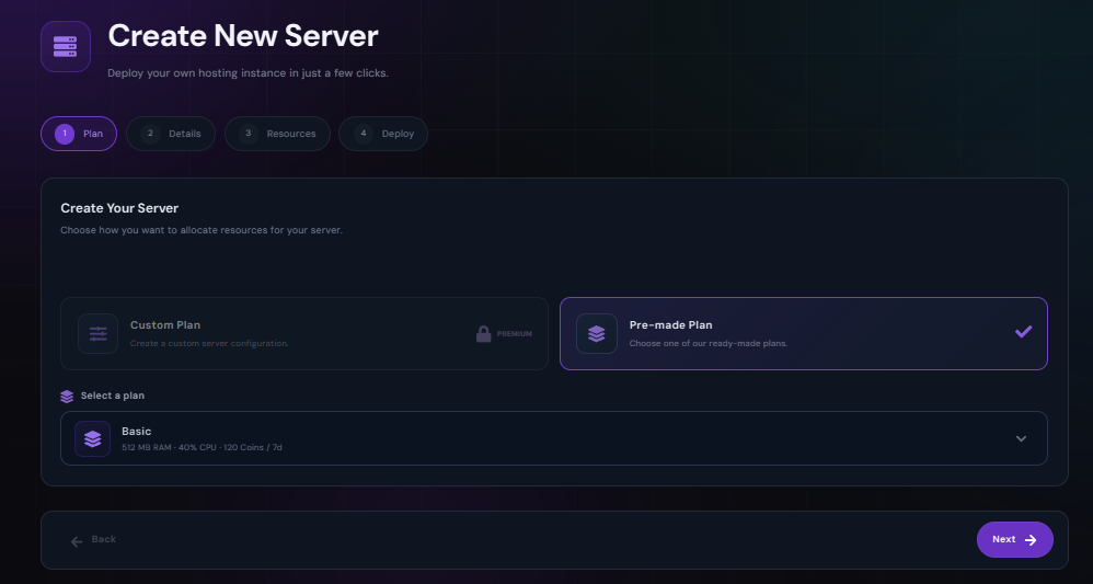 Volyx Create New Server Plan step