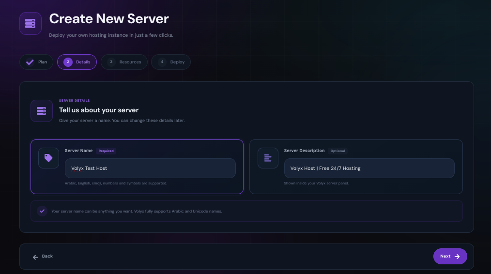 Volyx Create New Server Details step