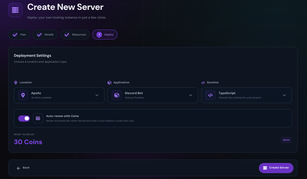 Volyx Create New Server Deploy step