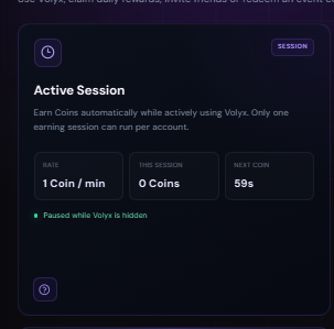 Volyx Active Session earning card