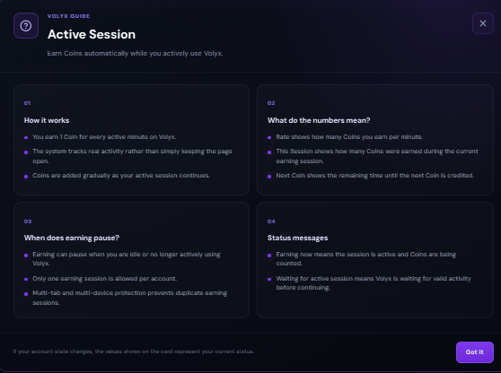 Volyx Active Session guide